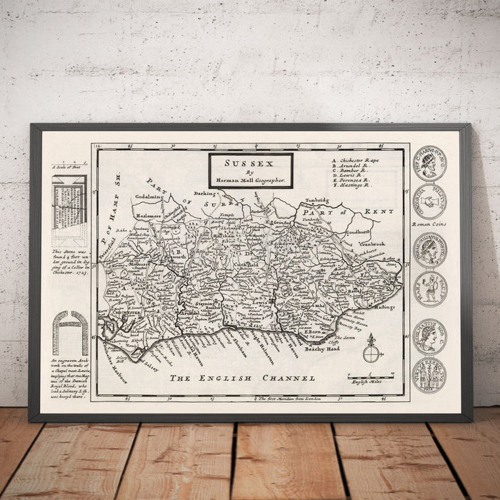 Old Map of Sussex 1724, by Herman Moll - Worthing, Crawley, Brighton, Bognor, Eastbourne