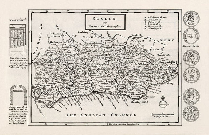 Old Map of Sussex 1724, by Herman Moll - Worthing, Crawley, Brighton, Bognor, Eastbourne