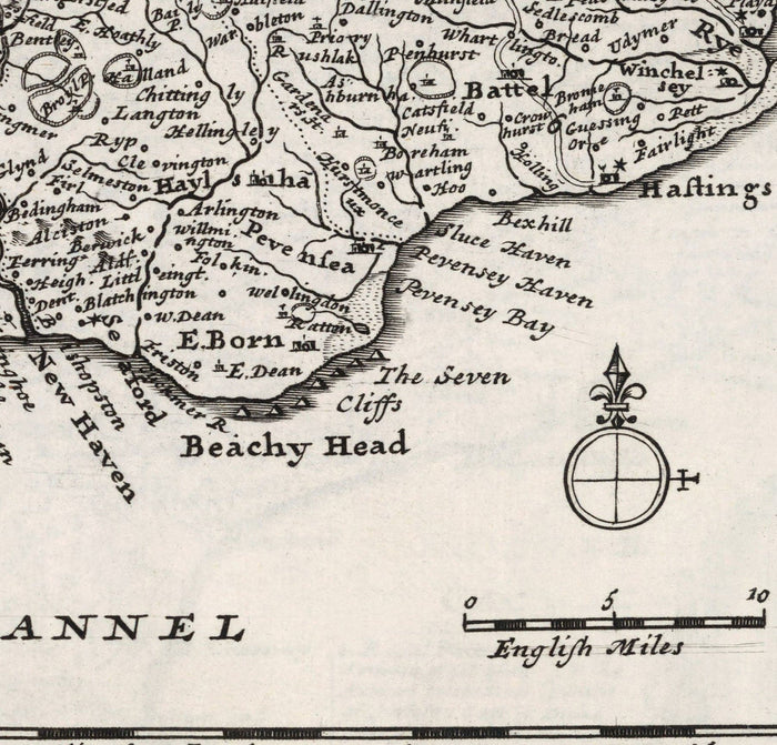Old Map of Sussex 1724, by Herman Moll - Worthing, Crawley, Brighton, Bognor, Eastbourne