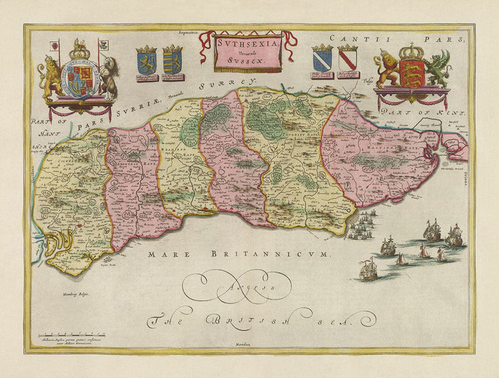 Old Map of Sussex in 1665 by Joan Blaeu - East, West, Mid Sussex, Worthing, Crawley, Brighton, Bognor, Eastbourne