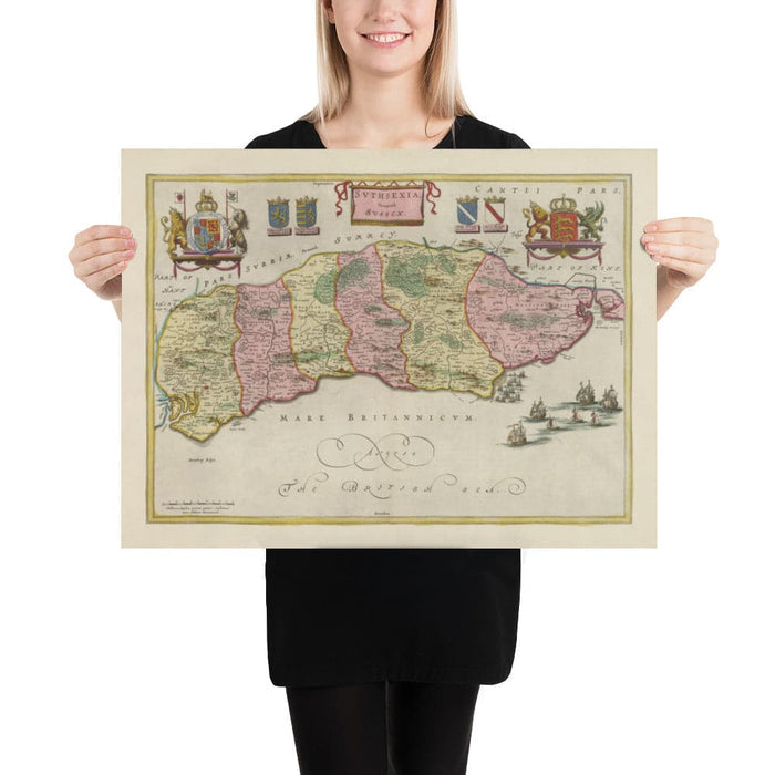 Old Map of Sussex in 1665 by Joan Blaeu - East, West, Mid Sussex, Worthing, Crawley, Brighton, Bognor, Eastbourne