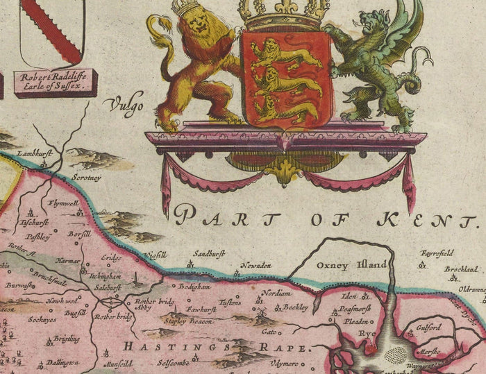 Old Map of Sussex in 1665 by Joan Blaeu - East, West, Mid Sussex, Worthing, Crawley, Brighton, Bognor, Eastbourne