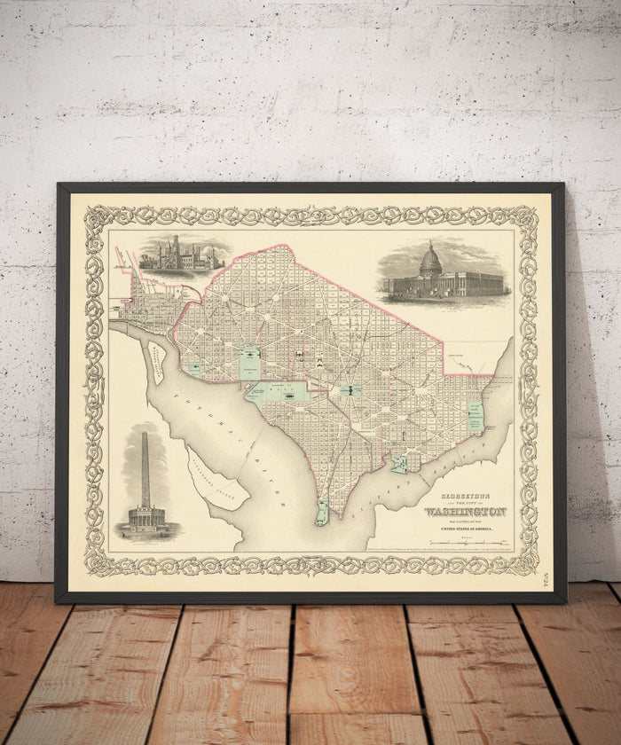 Old Map of Washington DC, 1855 by Colton - Georgetown, Capitol, Monument, President's White House, Smithsonian