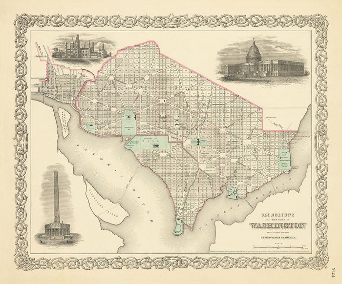 Old Map of Washington DC, 1855 by Colton - Georgetown, Capitol, Monument, President's White House, Smithsonian