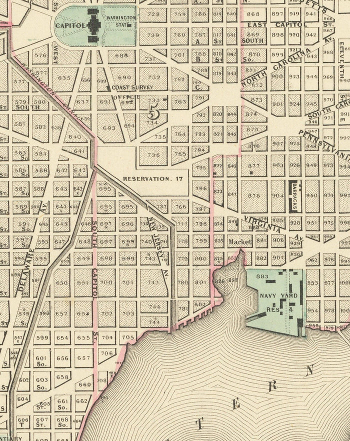 Old Map of Washington DC, 1855 by Colton - Georgetown, Capitol, Monument, President's White House, Smithsonian