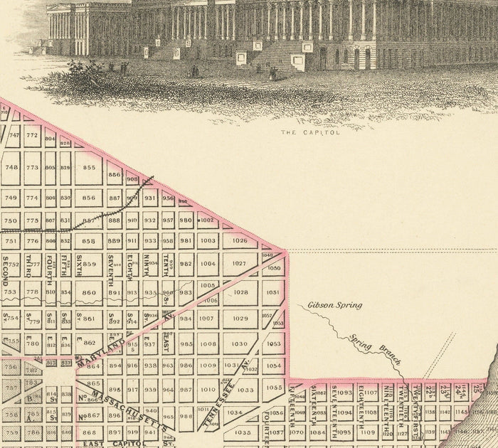 Old Map of Washington DC, 1855 by Colton - Georgetown, Capitol, Monument, President's White House, Smithsonian