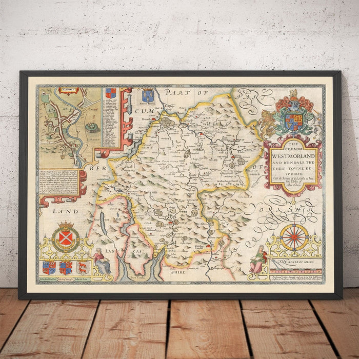 Old Map of Westmorland, 1611 by John Speed - Lake District, Cumbria, Kendal, Windermere, Grasmere