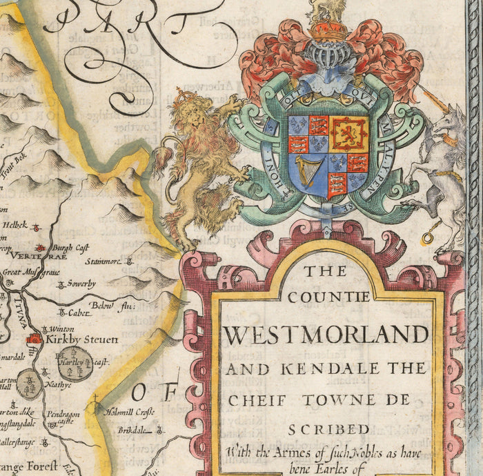 Old Map of Westmorland, 1611 by John Speed - Lake District, Cumbria, Kendal, Windermere, Grasmere