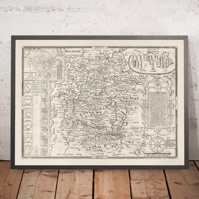 Old Map of Wiltshire in 1611 by John Speed - Salisbury, Stonehenge, Swindon, Trowbridge