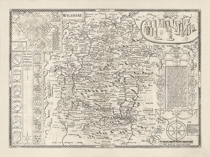 Old Map of Wiltshire in 1611 by John Speed - Salisbury, Stonehenge, Swindon, Trowbridge
