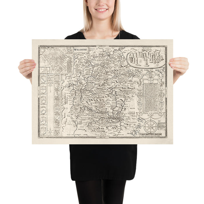 Old Map of Wiltshire in 1611 by John Speed - Salisbury, Stonehenge, Swindon, Trowbridge