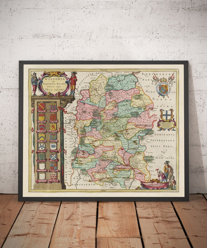 Old Map of Wiltshire in 1665 by Joan Blaeu - Salisbury, Stonehenge, Swindon, Trowbridge, Chippenham, Melksham