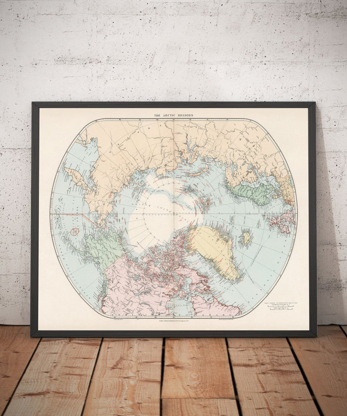 Old North Pole Map, 1904 by Edward Stanford - Arctic Explorers, Svalbard, Iceland, Novaya Zemlya