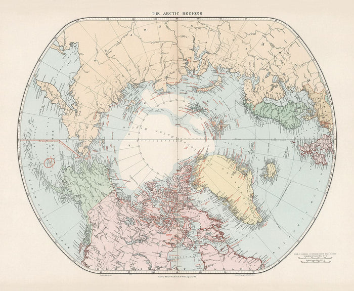 Old North Pole Map, 1904 by Edward Stanford - Arctic Explorers, Svalbard, Iceland, Novaya Zemlya