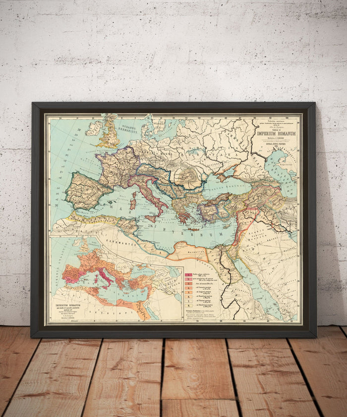 Old Roman Empire World Map From 266BC to 305AD by Perthes & Kampen, 1889 - Rare Map of Byzantine, West and East Roman Empire & Roads