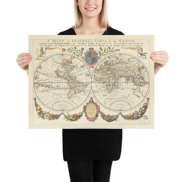 Old World Map from 1671 by Richard Blome - First English World Atlas Wall Chart