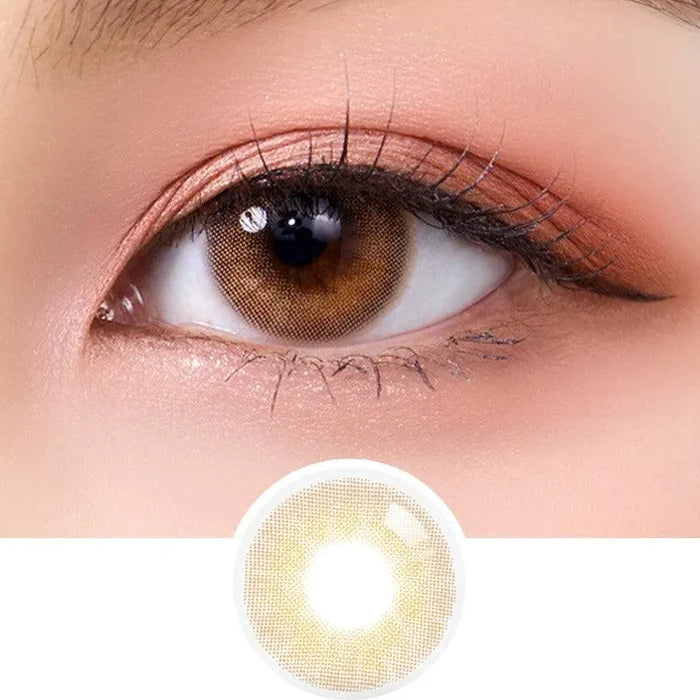 Close-up of a brown eye with natural makeup and long lashes, featuring Olola Able Brown color contact lens by Olola below the eye. The lens has a dark outer ring, is for myopia prescription, and is ideal for dark eyes.