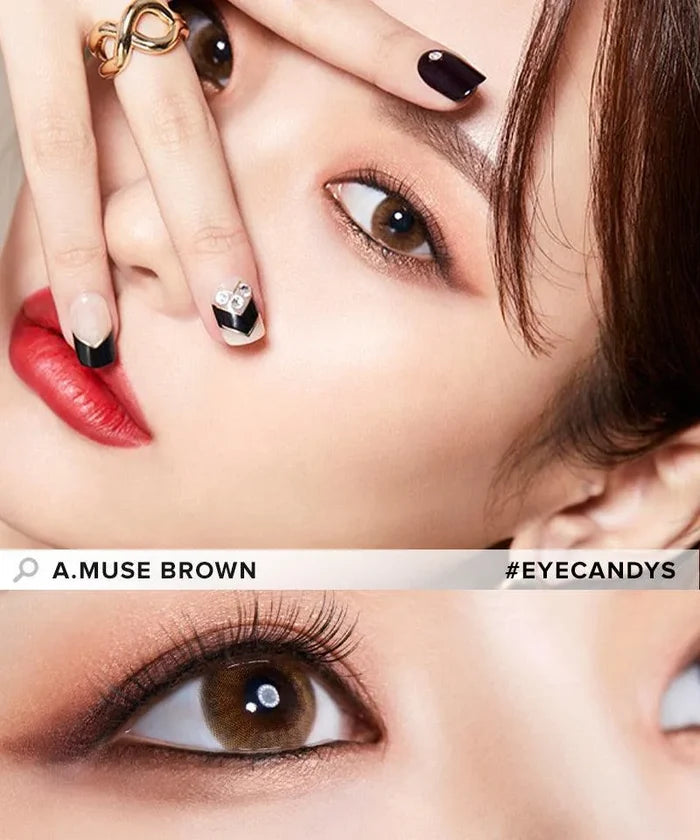 A woman with brown eyes and dark red lipstick shows off black-tipped nails, long lashes, and Olola Amuse Brown color contacts by Olola—available as 6-month lenses. #EYECANDYS.