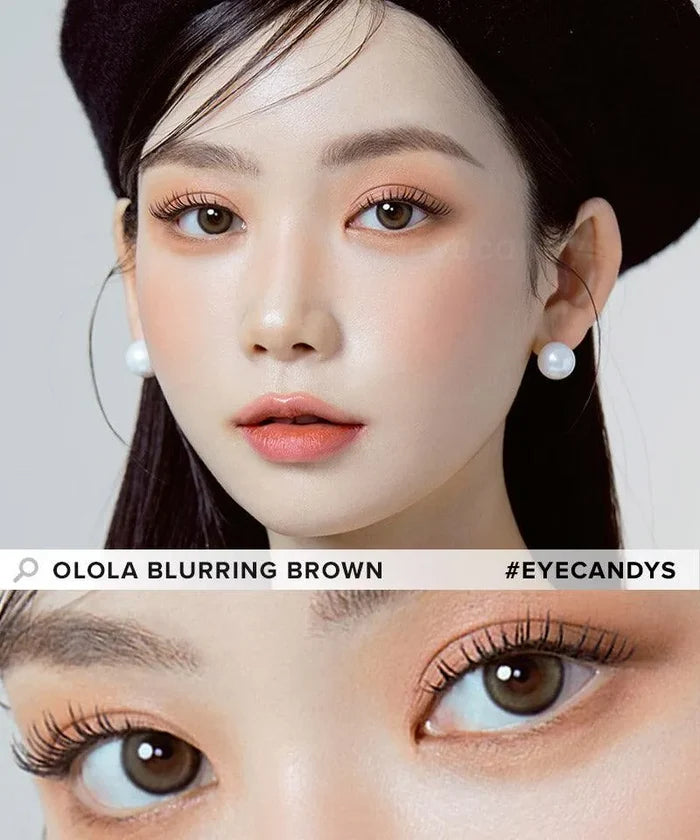 Model showcasing the natural look using Olola Blurring Brown prescription color contacts, above a closeup of a pair of eyes transformed by the color contact lenses