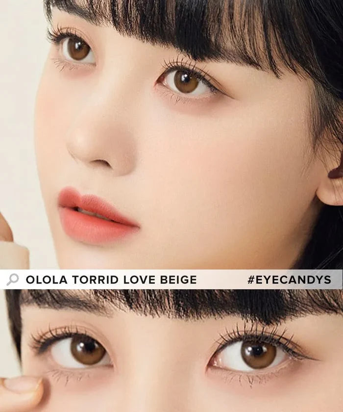 Two close-ups highlight a person's face, featuring Olola Dahlia Brown contact lenses for stunning eyes and soft peach makeup. Perfect for both non-prescription users and those needing myopia prescription, from the Olola brand.