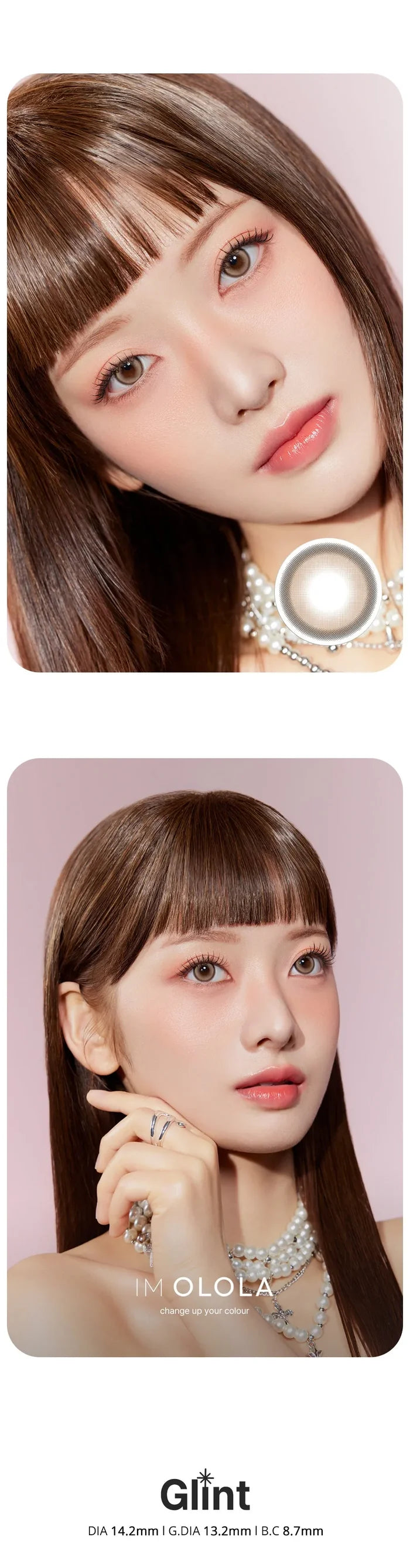 A woman with straight brown hair and bangs wears Olola Glint 1-Day Grey (10pk) color contacts by Olola, pearl jewelry, and soft pink makeup, posing against a pale pink background. "Glint" is displayed at the bottom.
