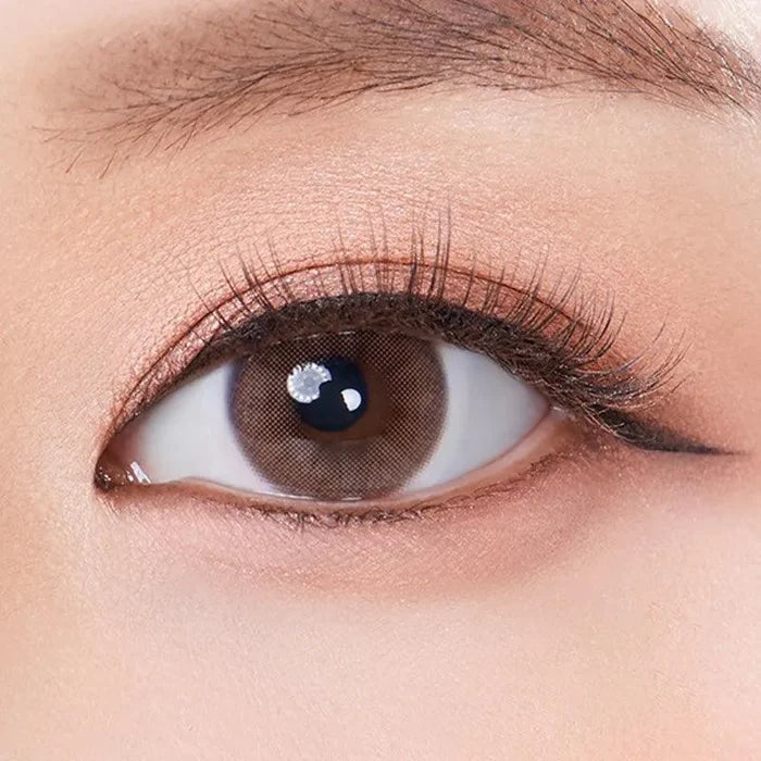A close-up of an eye wearing Olola Mellows Cotton Brown contact lenses by Olola, featuring long lashes, subtle brown eyeshadow, thin black eyeliner, and a well-groomed eyebrow above the non-prescription lens.