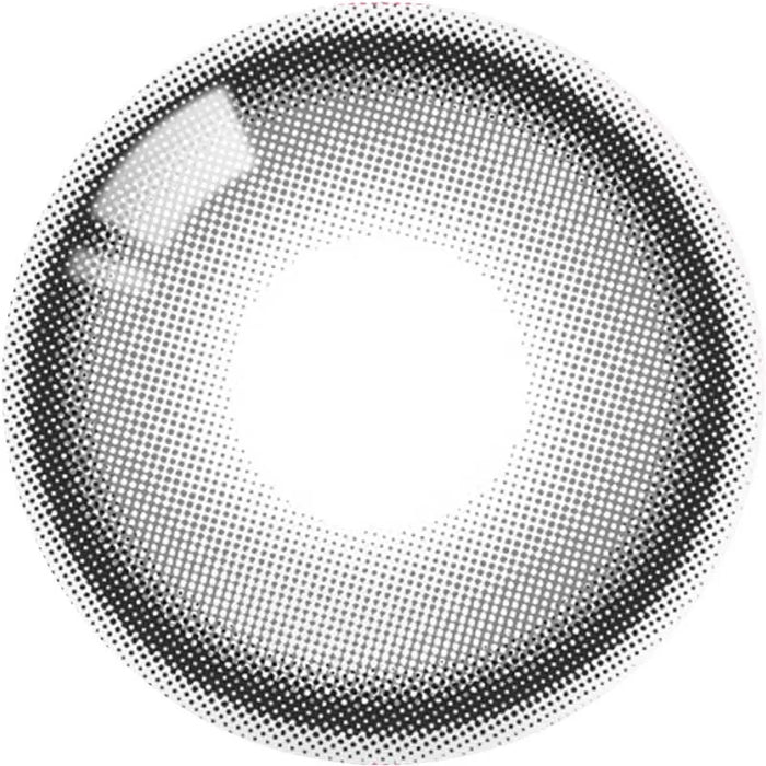 A black and white halftone circle with a gradient effect resembles grey color contacts and a stylized cat eye, similar to the Olola Meow Natural Coon Grey by Olola.