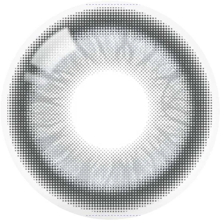 A single Olola Meow Vivid Burman Grey contact lens by Olola, featuring a dotted pattern around the iris and a clear center, is shown from above on a white background—ideal color contacts for dark eyes.