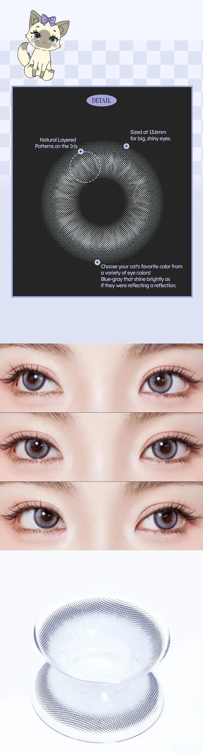 A diagram and close-up photos show Olola Meow Vivid Burman Grey contacts by Olola on an eye, highlighting their natural-looking layered design—perfect grey color contacts for dark eyes. A single lens appears in a clear case with a cat cartoon in the corner.