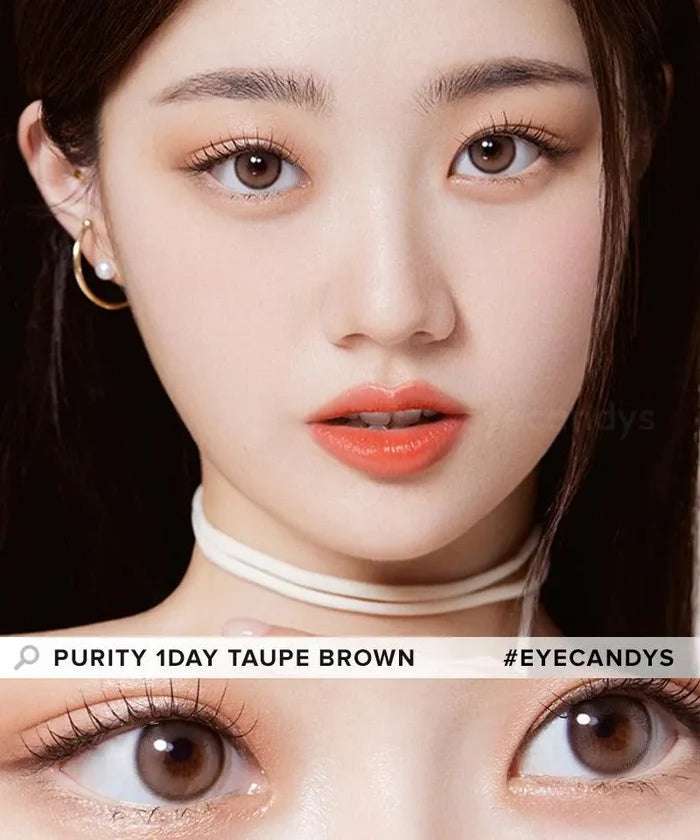 A woman with fair skin wears natural makeup, coral lipstick, and Olola Purity Shine 1-Day Taupe Brown (10pk) lenses. A close-up highlights the lens detail in her eyes. Text reads "Olola Purity Shine 1-Day Taupe Brown #Eyecandys.