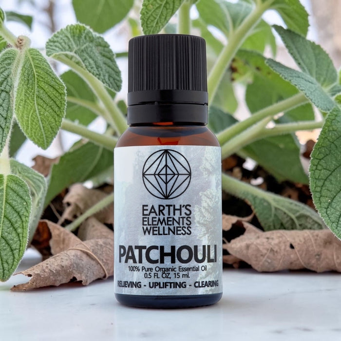 Bottle of Earth's Elements Wellness Patchouli essential oil with green leaves in the background