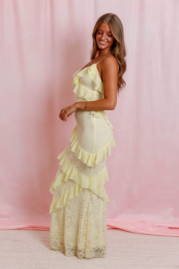Butter Yellow Lace Ruffle Maxi Dress- Formal Dresses For Women- The Vintage Shop Dresses