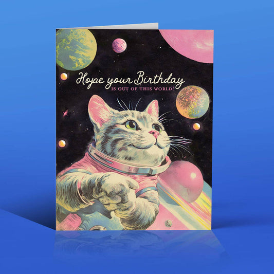 Colorful "Out of This World" cat birthday card by Offensivedelightful featuring a whimsical space-themed design.
