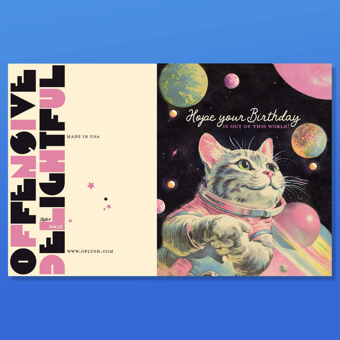 Colorful "Out of This World" cat birthday card from Offensivedelightful with playful space-themed design and whimsical cat illustration.