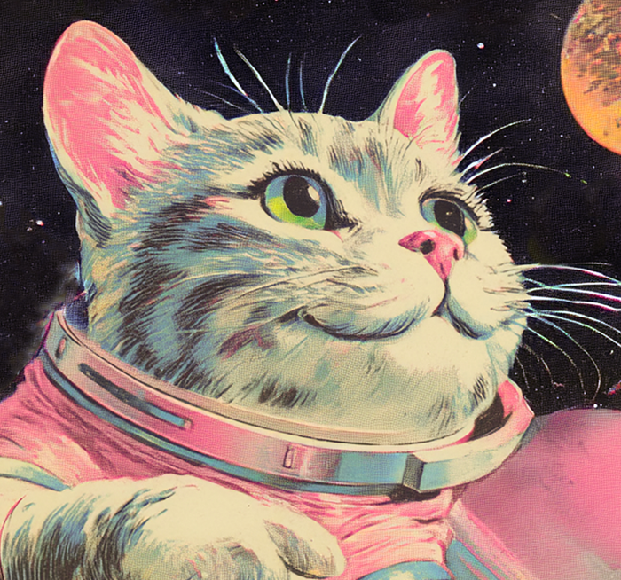 Colorful "Out of This World" birthday card for cats by OffensiveDelightful, featuring playful space-themed cat illustrations.