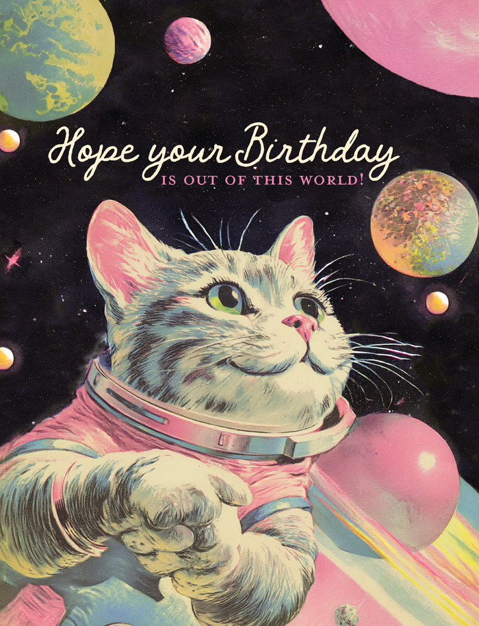 Colorful "Out of This World" cat birthday card from offensivedelightful featuring a whimsical space-themed design.
