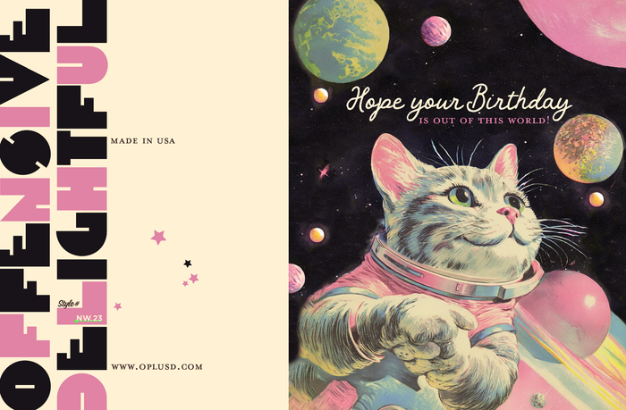 Colorful "Out of This World" birthday card for cats by Offensivedelightful, featuring playful space-themed cat illustrations.
