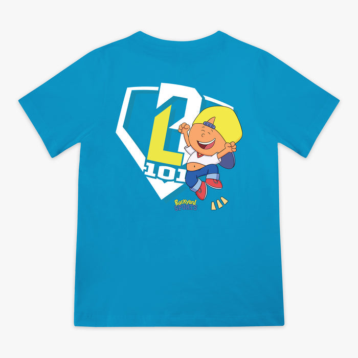 Blue t-shirt with a Pablo Sanchez cartoon design and 'BL101' logo on a white background