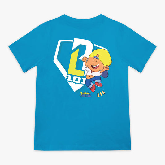 Blue t-shirt with a Pablo Sanchez cartoon design and 'BL101' logo on a white background