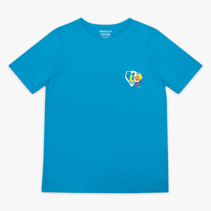 Blue t-shirt with a small BL101 logo on the chest against a white background