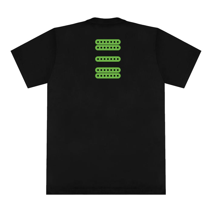 A black Steve Vai Comfort Colors T-shirt with four horizontal rows of green ovals, each with small holes, printed on the upper back.