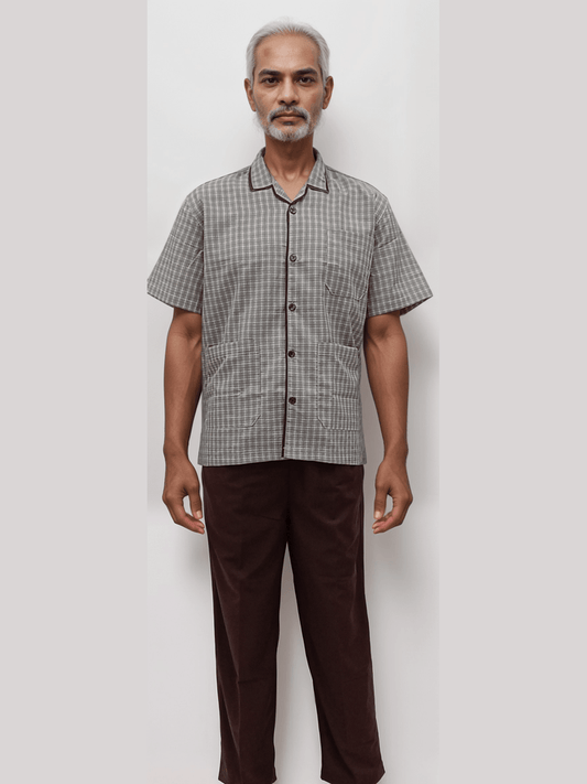 Patient Dress Beidge Checks Brown - J R GARMENTS