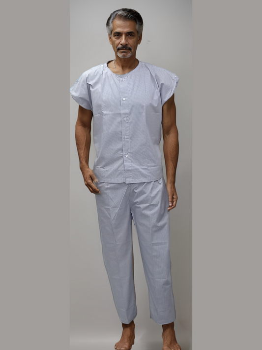 Patient Dress Blue Lining Shoulder Buttons - J R GARMENTS