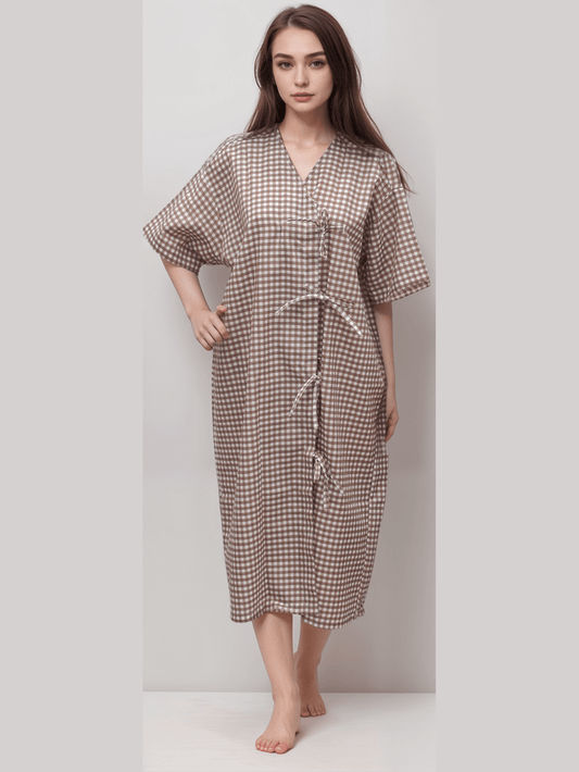 Patient Gown Nadi Brown Checks - J R GARMENTS