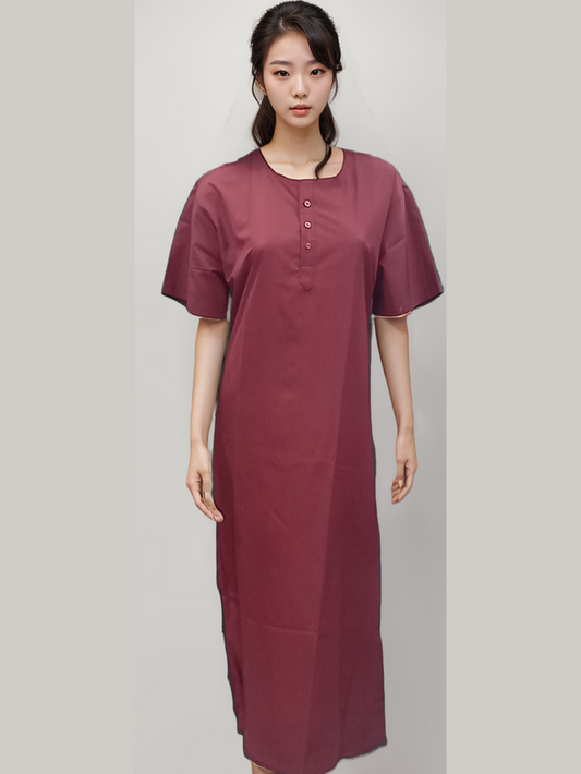 Patient Gown Maroon HICKORY - Comfortable & Durable 3 Button Medical Wear - J R GARMENTS