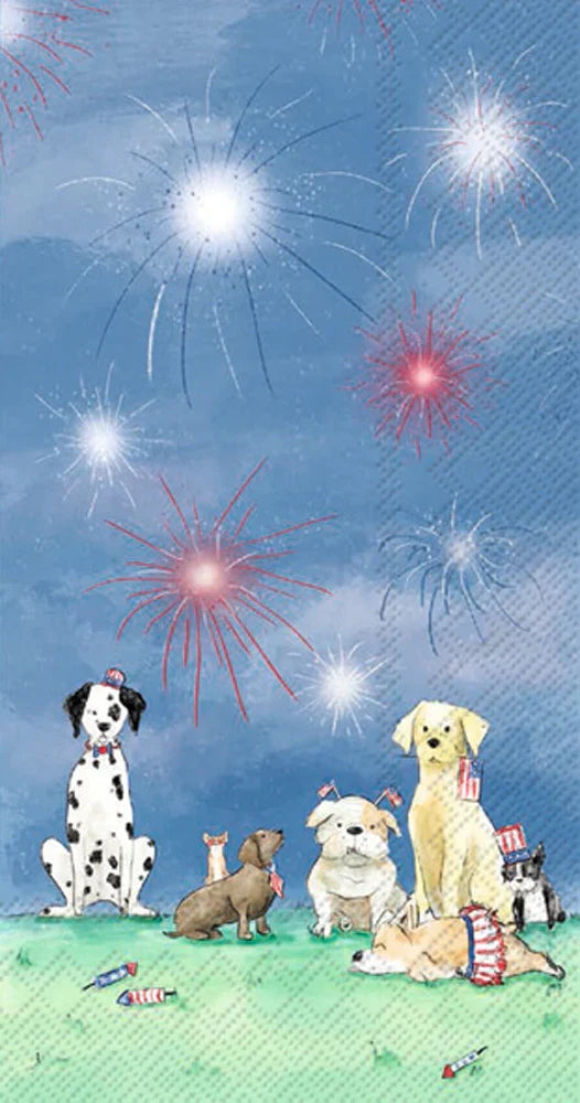A set of guest towels featuring a vibrant illustration of various dogs, including a Dalmatian, a Cocker Spaniel, and a Labrador, celebrating Fourth of July with a background of fireworks and a clear night sky.