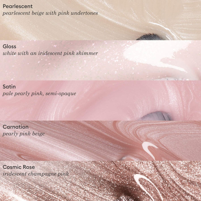 Five close-up swatches of Manucurist Pearlescent nail polish in luminous pink shades—Gloss, Satin, Carnation, and Cosmic Rose—showcase shimmery textures and subtle pink undertones for a radiant gel polish look.