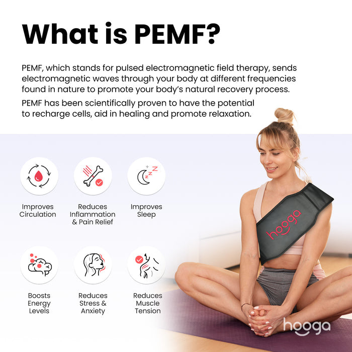 What Is PEMF infographic featuring a woman wearing the Hooga PEMF Belt over her shoulder with six wellness benefit icons
