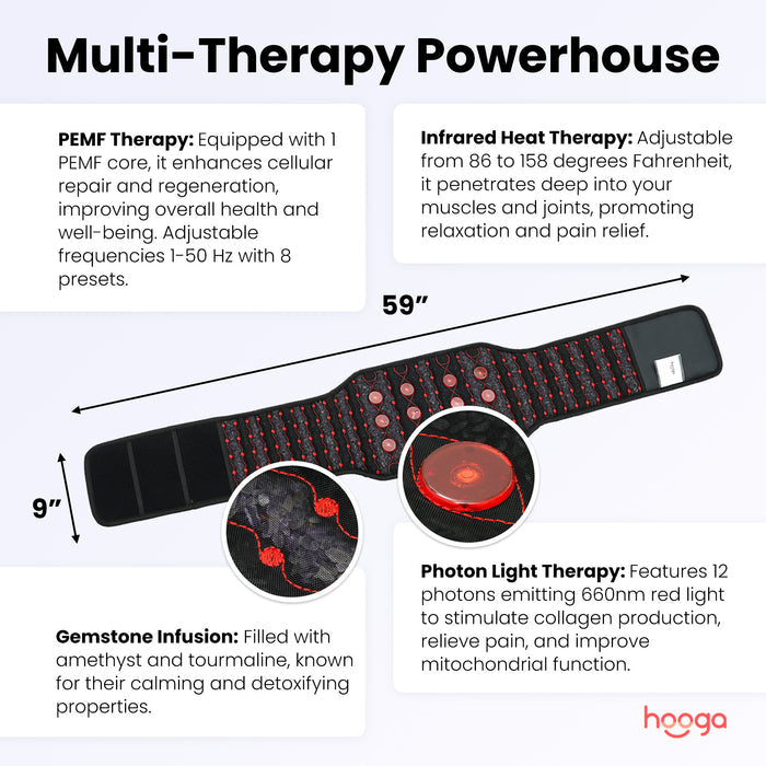 Hooga PEMF Belt Multi-Therapy Powerhouse spec diagram showing 59 by 9 inch dimensions, 1-50 Hz PEMF, 660nm red light and infrared heat