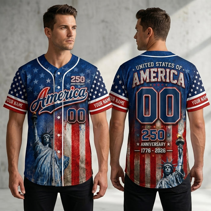 Personalized Baseball Jersey "Lady Liberty America" - 250th Anniversary Decor For Men Women